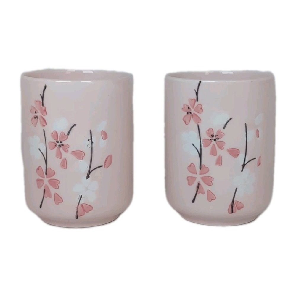 Japanese Ceramic Sake Cups Set of 2 Pink Plum Style Traditional Glazed Vintage